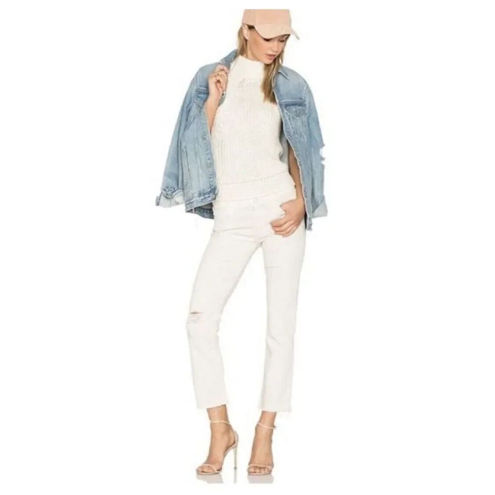 MOTHER White Denim The Rascal Ankle Snippet Jeans Size 28 Frayed Hem High Waist